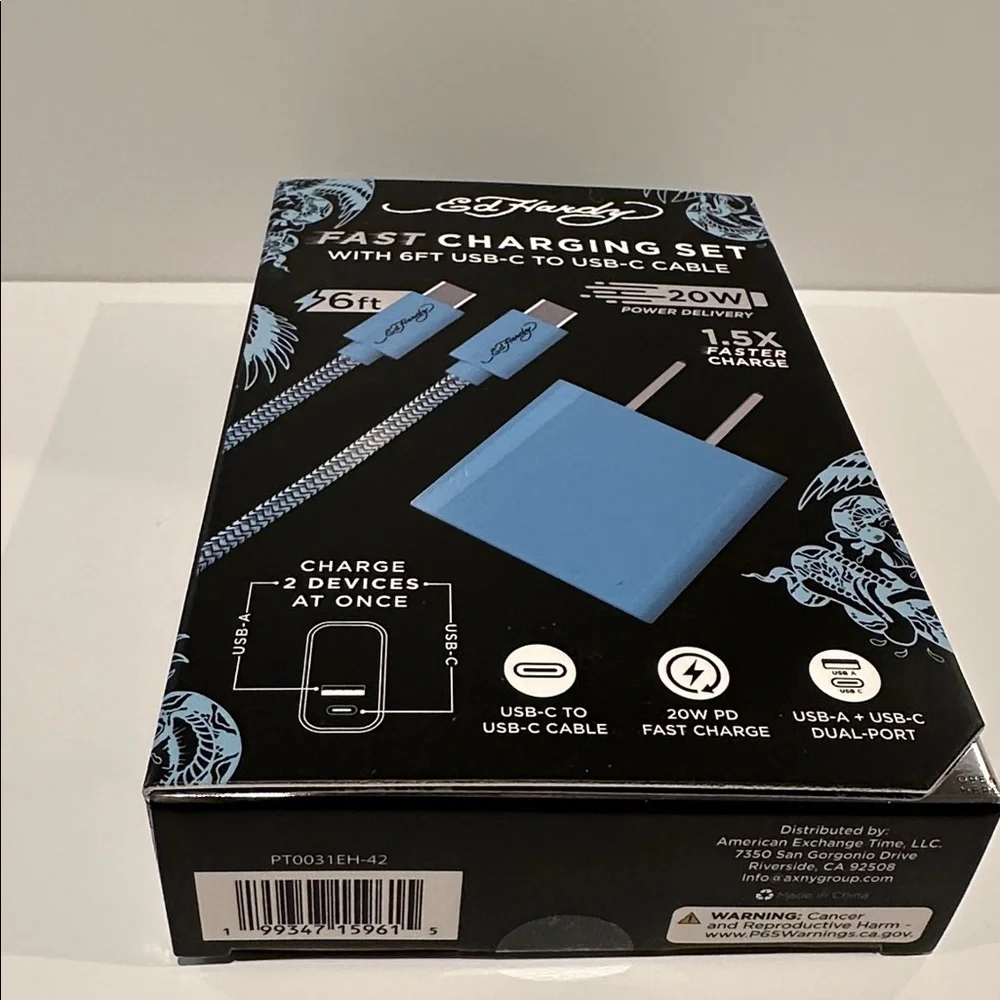 NIB Ed Hardy Fast Charging Set with 6 Ft. USB-C to USB-C Cable.